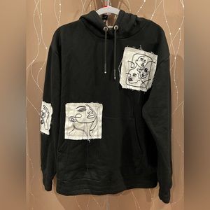 NWT MANIERE DE VOIR Black Hooded Sweater Sweatshirt Hoodie Patches Women’s Sz 8